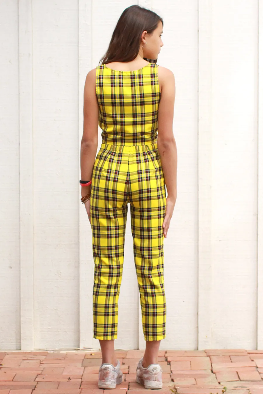Front Tie Tank Top and Pants - Yellow Plaid