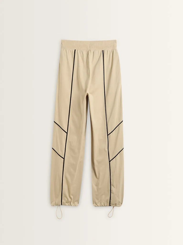 Studiofit Beige Textured Contrast-Detailed Mid-Rise Cotton Track Pants