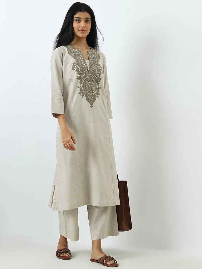 Utsa Beige High-Rise Cotton Ethnic Pants