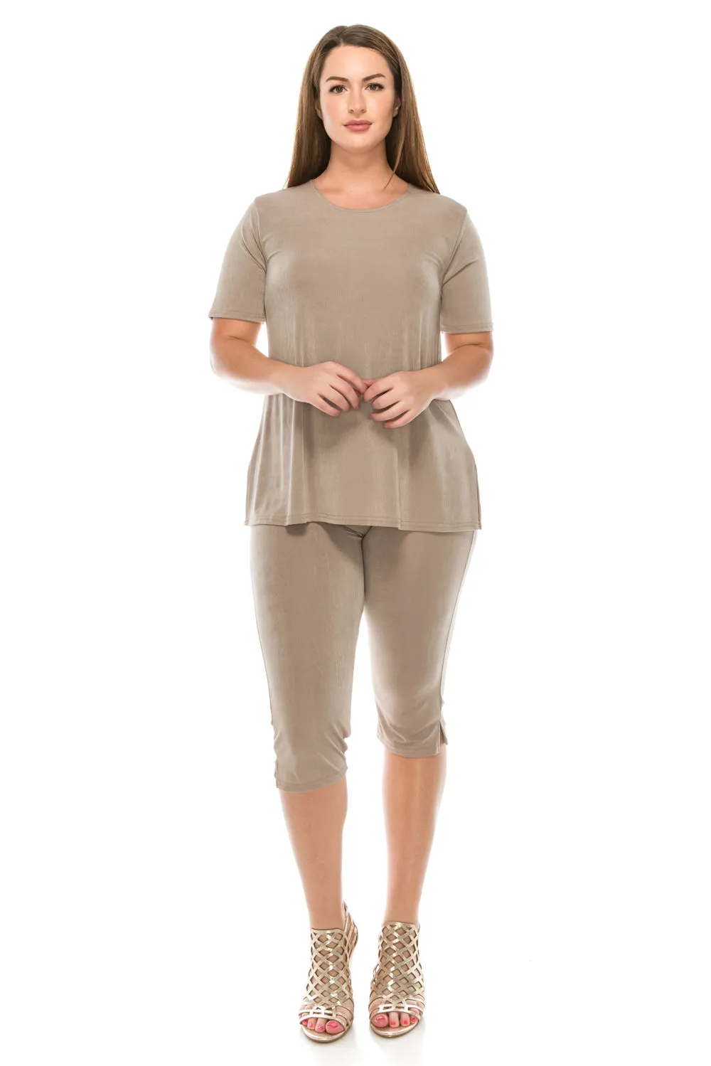Women's Stretchy Capri Pant Set Short Sleeve-9003BN-SRS1